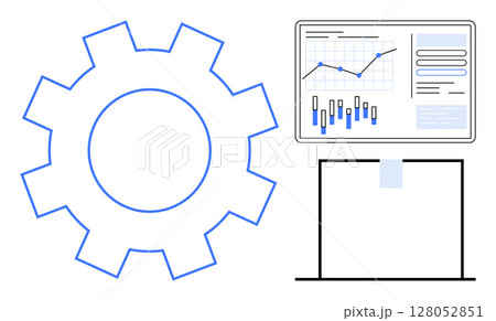 Large blue gear adjacent to a digital chart displaying analytical data trends, placed above a blank document. Ideal for tech operations, data analysis, business planning, process optimization Large blue gear adjacent to a digital chart displaying analytical data trends, placed above a blank document. Ideal for tech operations, data analysis, business planning, process optimization 128052851