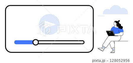 Video player with progress bar and play button, woman seated using a tablet. Ideal for digital media, online learning, video streaming, technology, remote work, entertainment, social media content Video player with progress bar and play button, woman seated using a tablet. Ideal for digital media, online learning, video streaming, technology, remote work, entertainment, social media content 128052956