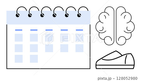 Calendar with spirals, stylized brain icon, and single shoe. Ideal for time management, mental health, fitness planning, routine scheduling, personal development, cognitive training, and self-care Calendar with spirals, stylized brain icon, and single shoe. Ideal for time management, mental health, fitness planning, routine scheduling, personal development, cognitive training, and self-care 128052980