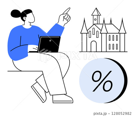 Person in blue sweater using laptop and pointing up, nearby detailed medieval castle, large percent symbol within circle. Ideal for property investment, education, tourism, history, architecture Person in blue sweater using laptop and pointing up, nearby detailed medieval castle, large percent symbol within circle. Ideal for property investment, education, tourism, history, architecture 128052982