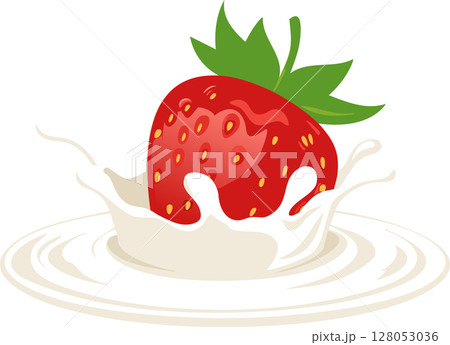 Elegant illustration of strawberry dipping into smooth milk bowl highlights glossy seeds and leaf crown using soft light shading balanced by large uncluttered area that invites text logos or price Elegant illustration of strawberry dipping into smooth milk bowl highlights glossy seeds and leaf crown using soft light shading balanced by large uncluttered area that invites text logos or price 128053036