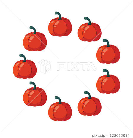 Pumpkin circle frame. Cozy autumn pumpkins. Vector flat illustration isolated on a white background 128053054