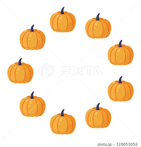 Pumpkin circle frame. Cozy autumn pumpkins. Vector flat illustration isolated on a white background Pumpkin circle frame. Cozy autumn pumpkins. Vector flat illustration isolated on a white background 128053058