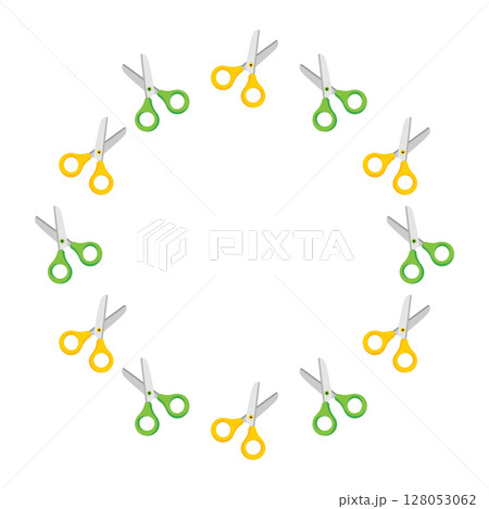 Round frame scissors. Design for school. Vector flat illustration isolated on a white background. Round frame scissors. Design for school. Vector flat illustration isolated on a white background. 128053062