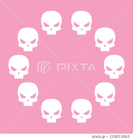 Round frame of skulls Design for Halloween. Vector flat illustration isolated on a pink background Round frame of skulls Design for Halloween. Vector flat illustration isolated on a pink background 128053063