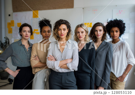 A group of women posing for a photo in a room with a white board behind them 128053110