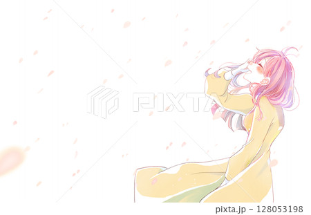 幸せそうに笑う女性　桜吹雪　横長 128053198