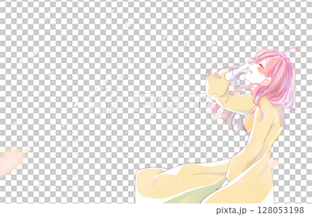 幸せそうに笑う女性　桜吹雪　横長 128053198