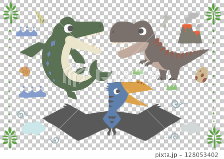 Dinosaur set, cute illustration, hand-drawn, Tyrannosaurus, Mosasaurus, Quetzalcoatlus, material 128053402