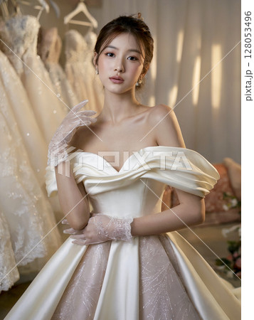 Woman in a white dress is wearing gloves 128053496