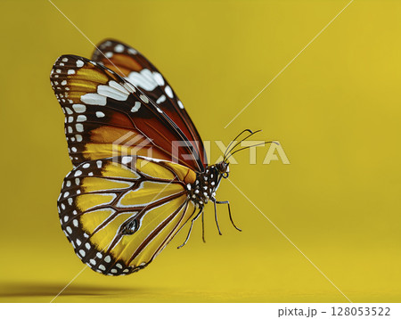 Butterfly with orange and white wings is flying in the air 128053522