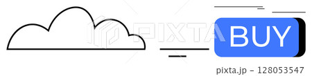 Cloud drawing connected to a blue BUY button. Ideal for e-commerce, cloud computing, digital services, online shopping, technology integration, virtual goods, SaaS. Line metaphor 128053547