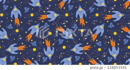 Spaceships in outer space seamless background for kids 128053591