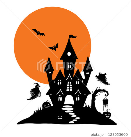 Halloween silhouette composition. Black and white illustration. Castle on the hill with orange moon, bats, ghosts, tree with sign, pumpkin. Hand drawn graphic. Dark gothic scene. Doodle style. 128053600