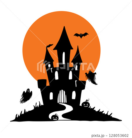 Halloween silhouette composition. Black and white illustration. Castle on the hill with moon, bats, ghosts, pumpkin. Hand drawn line graphic. Dark gothic scene for ominous holiday decor. Doodle style. 128053602