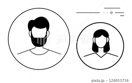 Male profile icon with a beard and female profile icon in simple black and white style. Ideal for social media, web design, user profiles, team introductions, presentations, apps, educational 128053716
