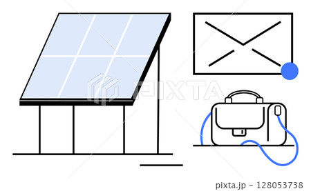 Solar panel generating energy, digital communication icon, and business briefcase. Ideal for sustainable technology, green business, remote work, modern communication, eco-friendly solutions 128053738