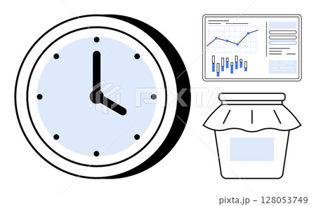 Wall clock beside a graph chart featuring data analysis, and a jam jar. Ideal for productivity, business, economics, food preservation, scheduling, time management, and resource allocation themes Wall clock beside a graph chart featuring data analysis, and a jam jar. Ideal for productivity, business, economics, food preservation, scheduling, time management, and resource allocation themes 128053749