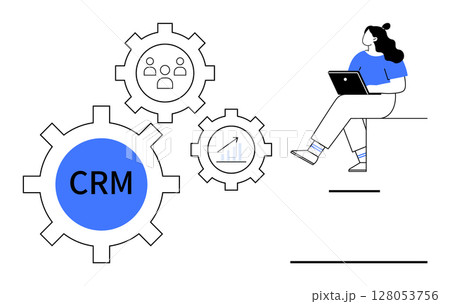 Woman with laptop sitting, analyzing CRM system represented by gears with person icons and chart. Ideal for business strategy, CRM tools, data management, marketing analytics, productivity, customer 128053756