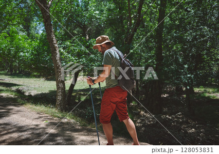 Traveler Hiking in Forest with Backpack and Walking Stick Under Bright Summer Sun 128053831