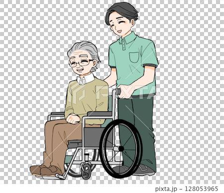 坐在輪椅上的老人和一名協助他的護理人員 坐在輪椅上的老人和一名協助他的護理人員 128053965