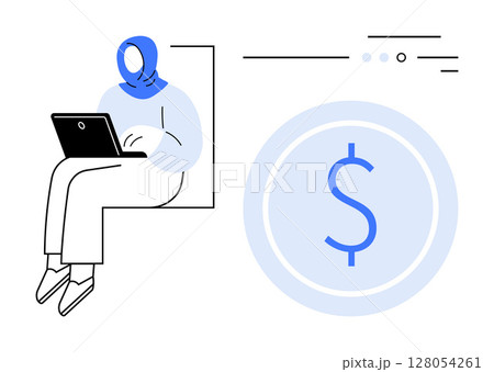 Woman wearing a headscarf working on a laptop beside a large dollar symbol. Ideal for remote work, online business, e-commerce, financial technology, digital marketing, online learning, global Woman wearing a headscarf working on a laptop beside a large dollar symbol. Ideal for remote work, online business, e-commerce, financial technology, digital marketing, online learning, global 128054261
