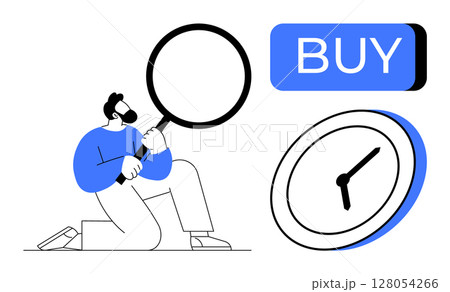 Kneeling man holding magnifying glass, analyzing clock and large BUY button. Ideal for business, e-commerce, market analysis, research, time management, decision-making, investment. Line metaphor Kneeling man holding magnifying glass, analyzing clock and large BUY button. Ideal for business, e-commerce, market analysis, research, time management, decision-making, investment. Line metaphor 128054266