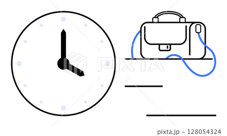 Clock with black hands showing 2 oclock next to a shoulder bag on a table, connected by a blue line. Ideal for time management, work schedules, workplace routines, office hours, productivity Clock with black hands showing 2 oclock next to a shoulder bag on a table, connected by a blue line. Ideal for time management, work schedules, workplace routines, office hours, productivity 128054324