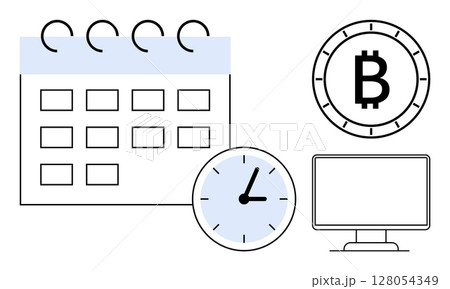 Calendar, clock, Bitcoin symbol, and computer monitor illustrating business scheduling, time management, and digital economy. Ideal for business, finance, technology, scheduling cryptocurrency 128054349