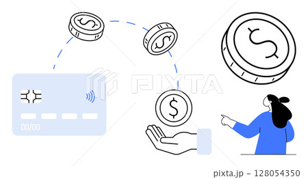 Contactless payment using a credit card and coins being exchanged. Ideal for finance, transactions, contactless payments, digital banking, and modern financial systems. Minimalist vector style 128054350