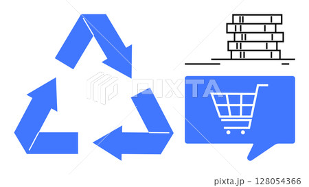 Recycling triangle symbol with blue arrows, shopping cart icon in speech bubble, and stack of coins. Ideal for promoting sustainability, e-commerce, eco-friendly practices, financial savings 128054366