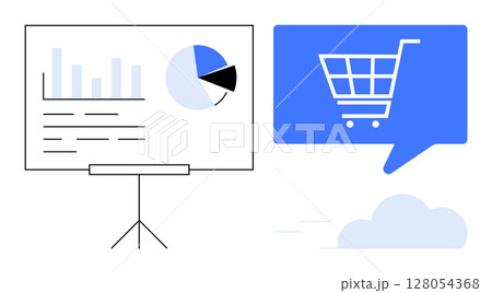 Presentation board with bar and pie charts and text beside a blue speech bubble containing a shopping cart symbol. Ideal for business analysis, e-commerce, marketing strategy, sales performance Presentation board with bar and pie charts and text beside a blue speech bubble containing a shopping cart symbol. Ideal for business analysis, e-commerce, marketing strategy, sales performance 128054368