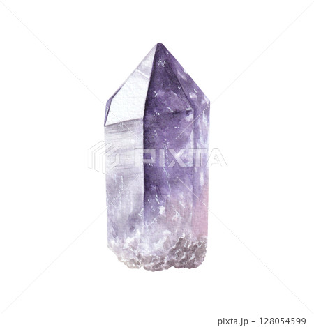 Purple crystal, watercolor hand drawn illustration isolated on white background. Purple crystal, watercolor hand drawn illustration isolated on white background. 128054599