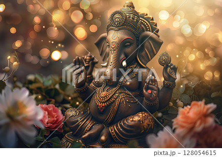 Bright holiday composition for happy Ganesh Chaturthi, abstract vivid composition consists of fictional unreal fantastic vision on background 128054615