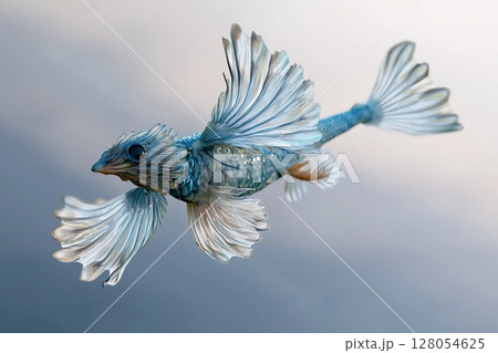 Unique depiction of a fish with wings soaring through a bright blue sky filled with clouds Unique depiction of a fish with wings soaring through a bright blue sky filled with clouds 128054625