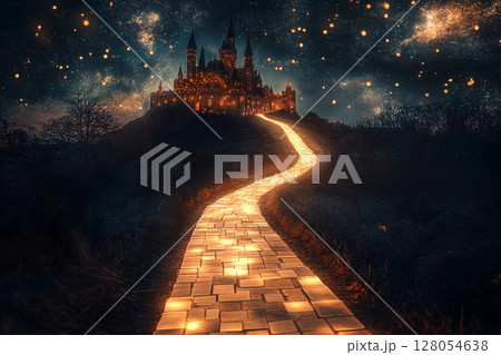 Majestic castle illuminated by glowing pathway at night under a starry sky 128054638