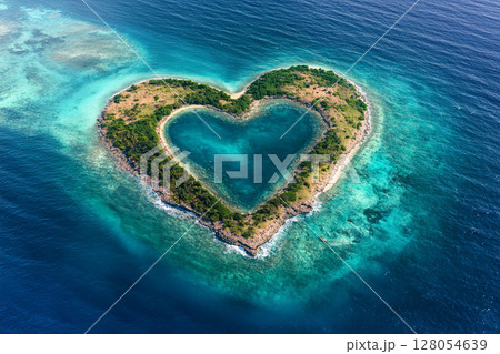 Heart-shaped island surrounded by turquoise water in a tropical setting 128054639