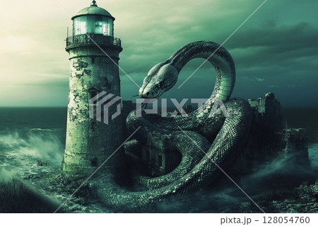 Giant underwater snake coils around an old lighthouse amidst turbulent sea and stormy skies Giant underwater snake coils around an old lighthouse amidst turbulent sea and stormy skies 128054760