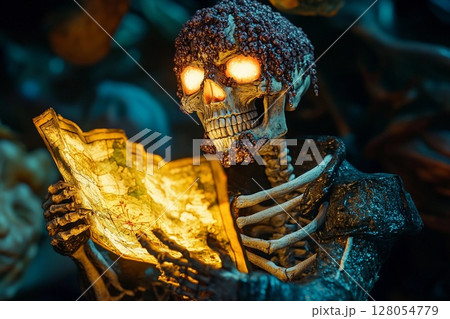 Skeletal pirate figure with glowing treasure map ready to uncover buried riches in a dark, mysterious cave Skeletal pirate figure with glowing treasure map ready to uncover buried riches in a dark, mysterious cave 128054779