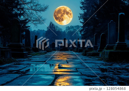 Bright full moon illuminates cemetery with stone graves and crosses in eerie nighttime atmosphere 128054868