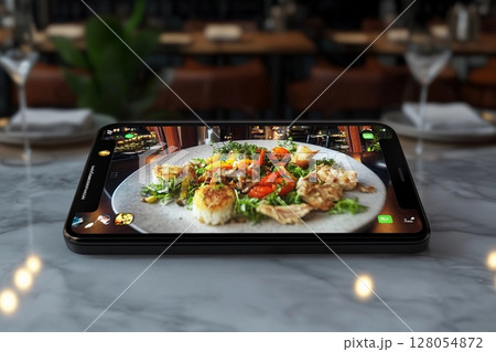 AR-enhanced restaurant menu displays realistic 3D food in upscale dining environment AR-enhanced restaurant menu displays realistic 3D food in upscale dining environment 128054872