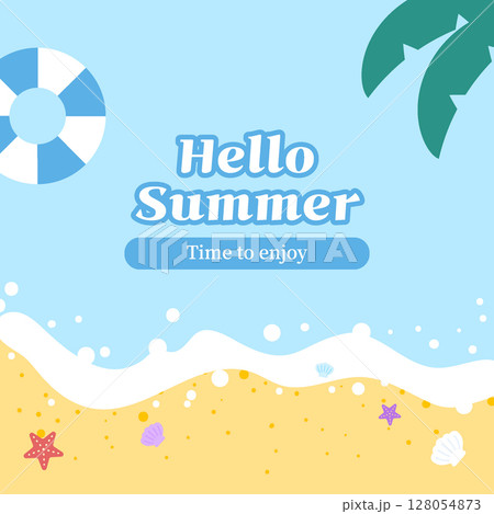 Summer beach top-view landscape illustration square banner Summer beach top-view landscape illustration square banner 128054873