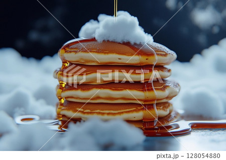 Pancake tower reaches the clouds with golden syrup cascading down its fluffy layers Pancake tower reaches the clouds with golden syrup cascading down its fluffy layers 128054880