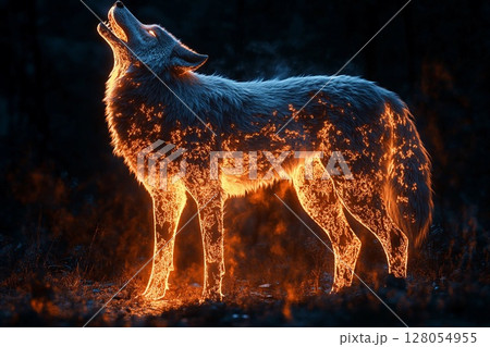 Massive glowing wolf howling into the night under a starry sky, surrounded by trees and foliage 128054955
