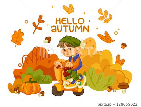Autumn Kid Riding Scooter Illustration Autumn Kid Riding Scooter Illustration 128055022