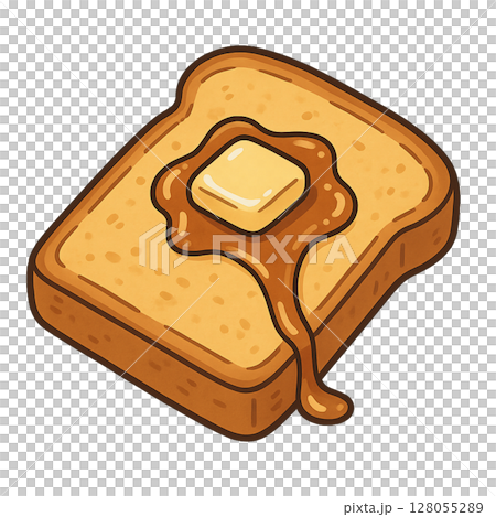Illustration of French toast with butter and maple syrup 128055289