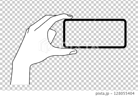 Simple line drawing vector illustration of a hand holding a smartphone in landscape orientation 128055404