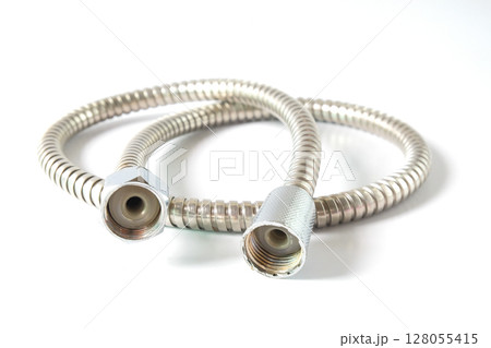 Chrome plated shower hose , isolated on white background. 128055415
