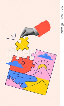 Colorful poster. Hand placing final piece in colorful landscape puzzle 128055425