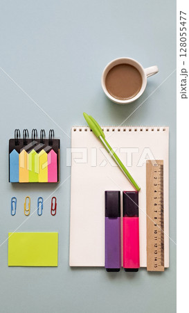 School and office supplies, pens, pencils, ruler, compass, calculator on a white background. 128055477